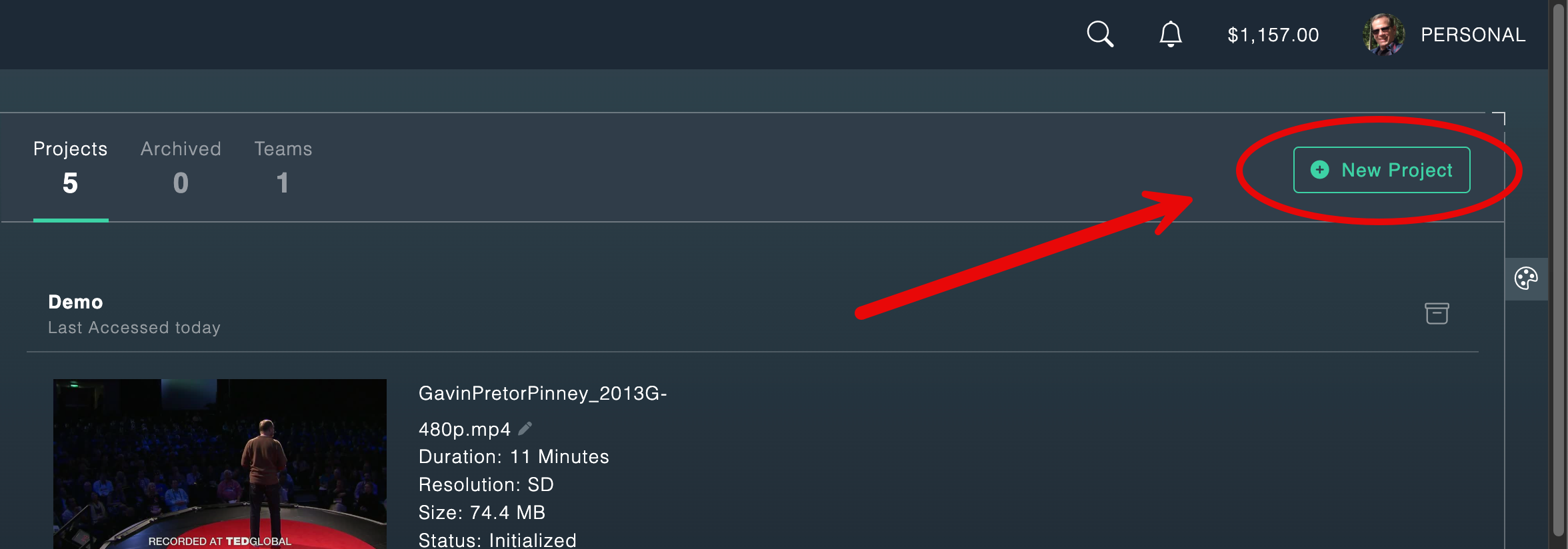 New Project Button Location