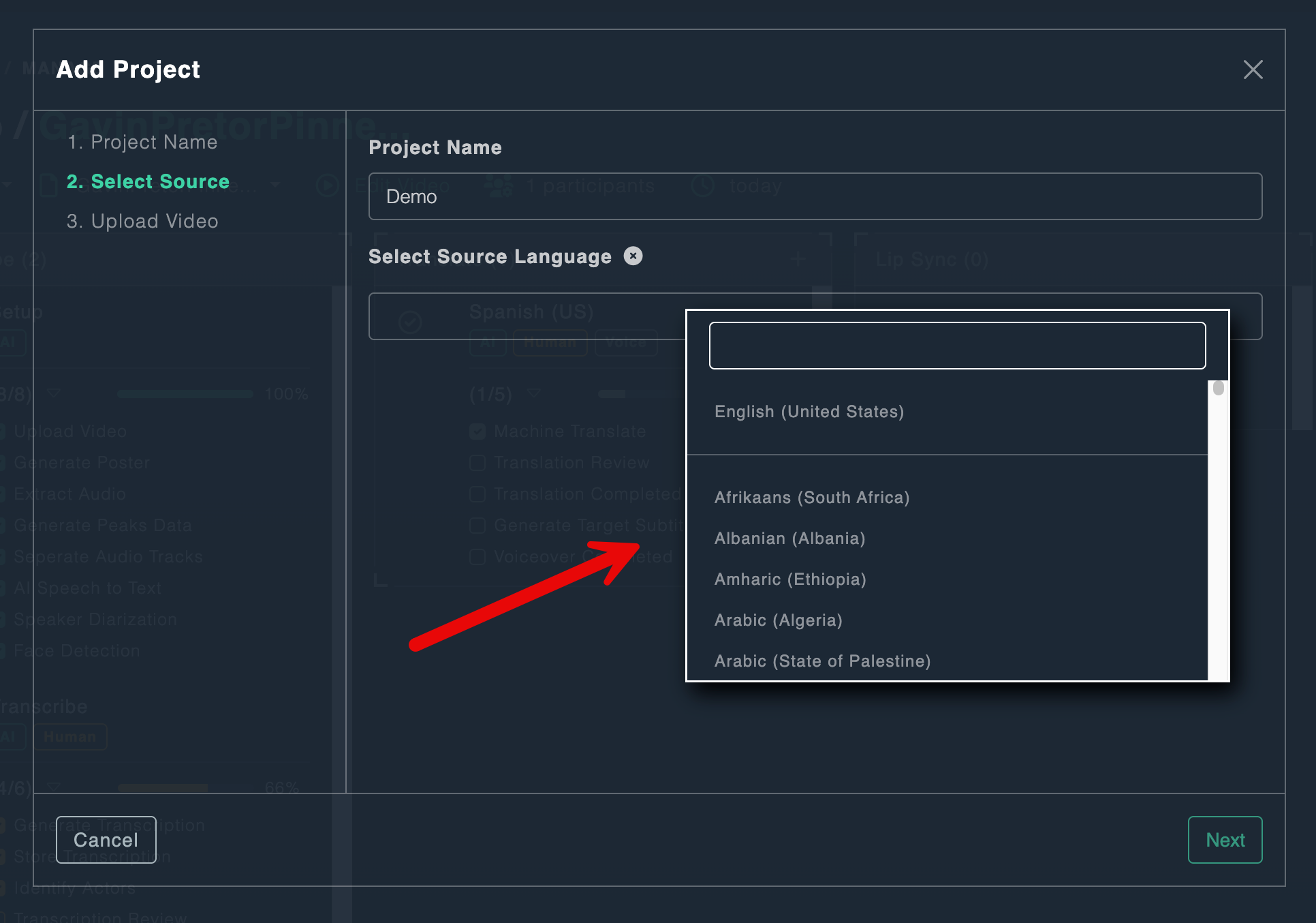 Source Language Selection